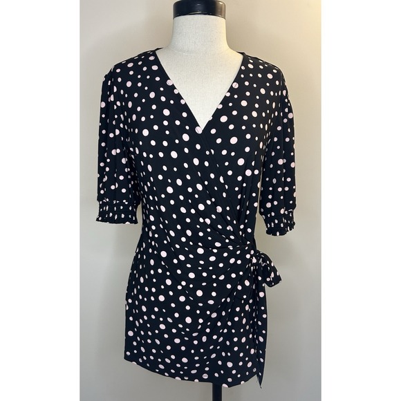 Anne Klein Tops - ANNE KLEIN Black Blush Polka Dot Polyester Blouse Top Career Shirt Womens M